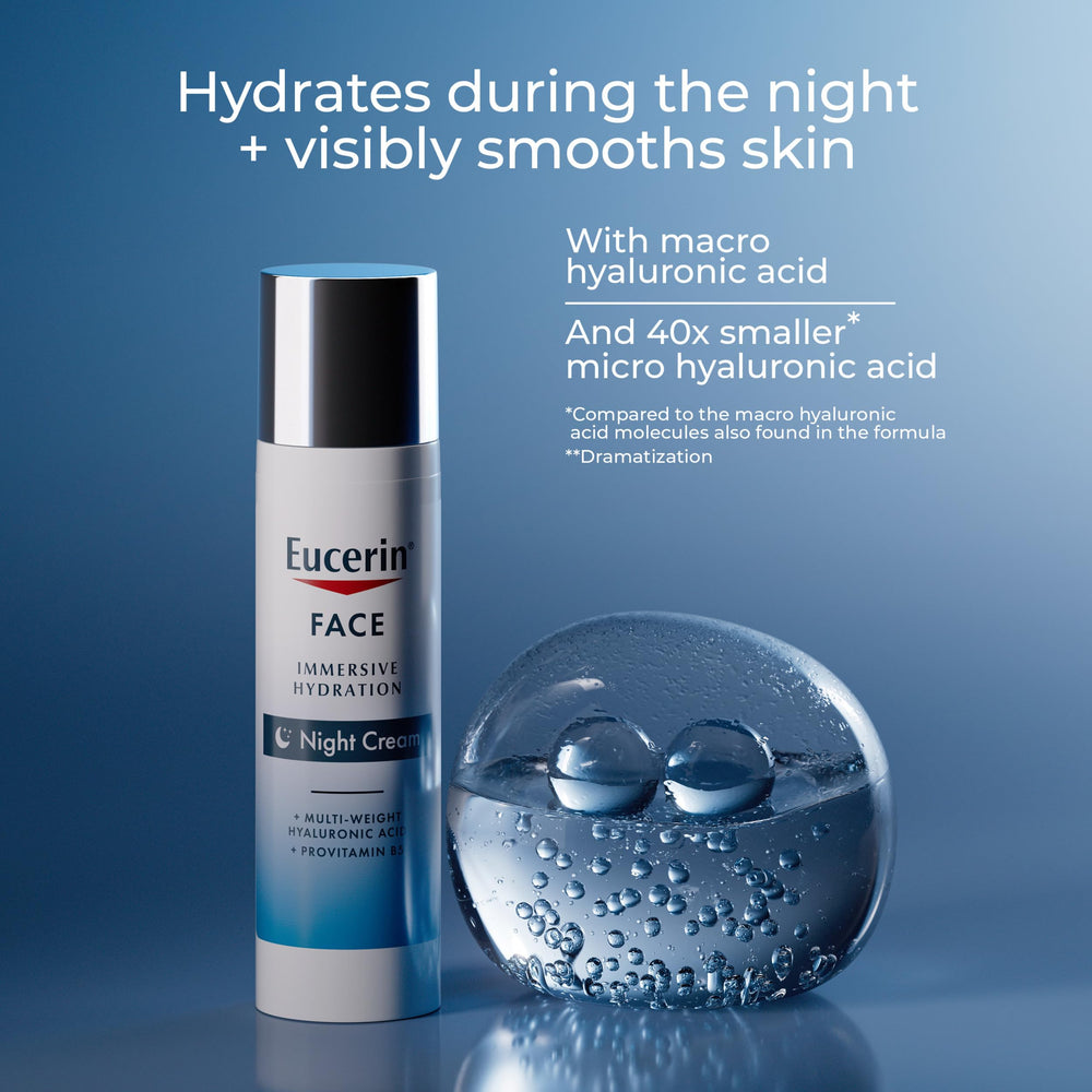 Eucerin night cream shown next to smoothing face serum for routine benefit