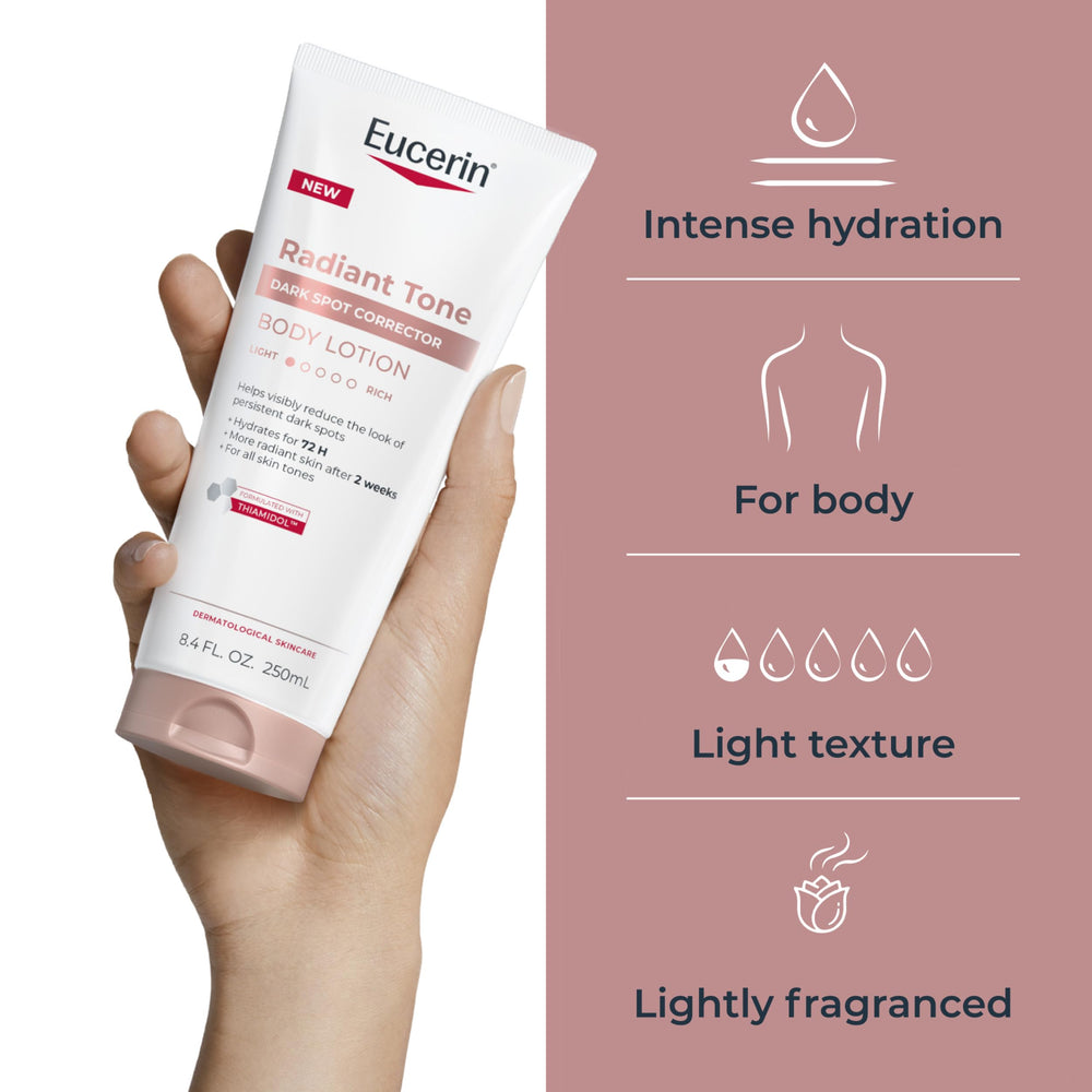 Eucerin applying lotion on arm highlighting even skin tone improvement