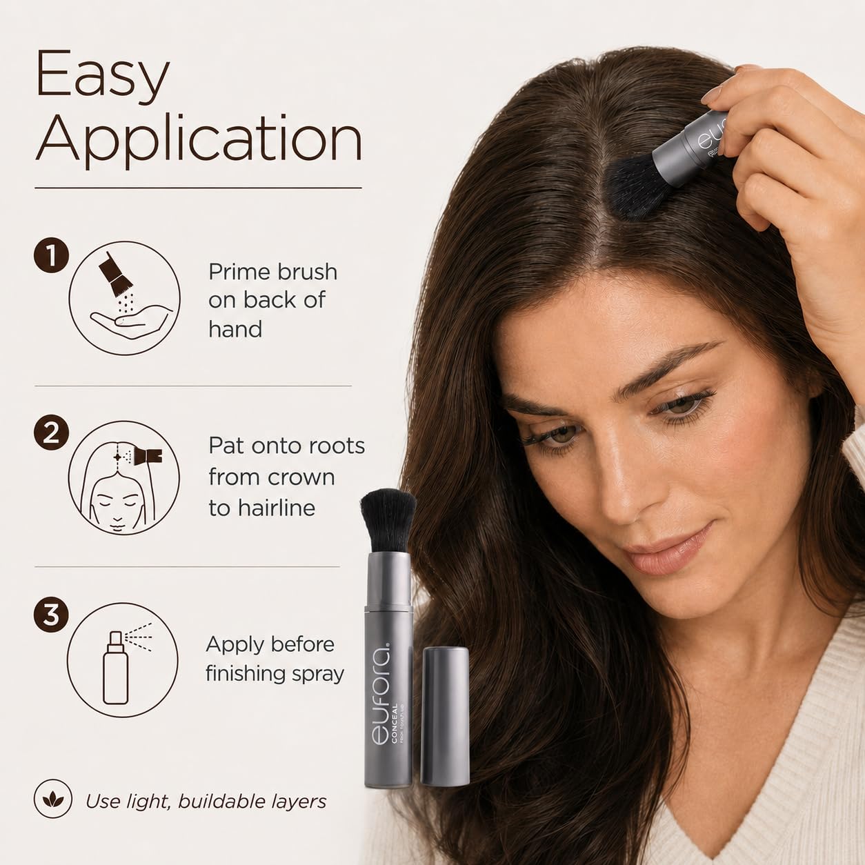 Eufora brown shade applied to hair strand showing natural blend