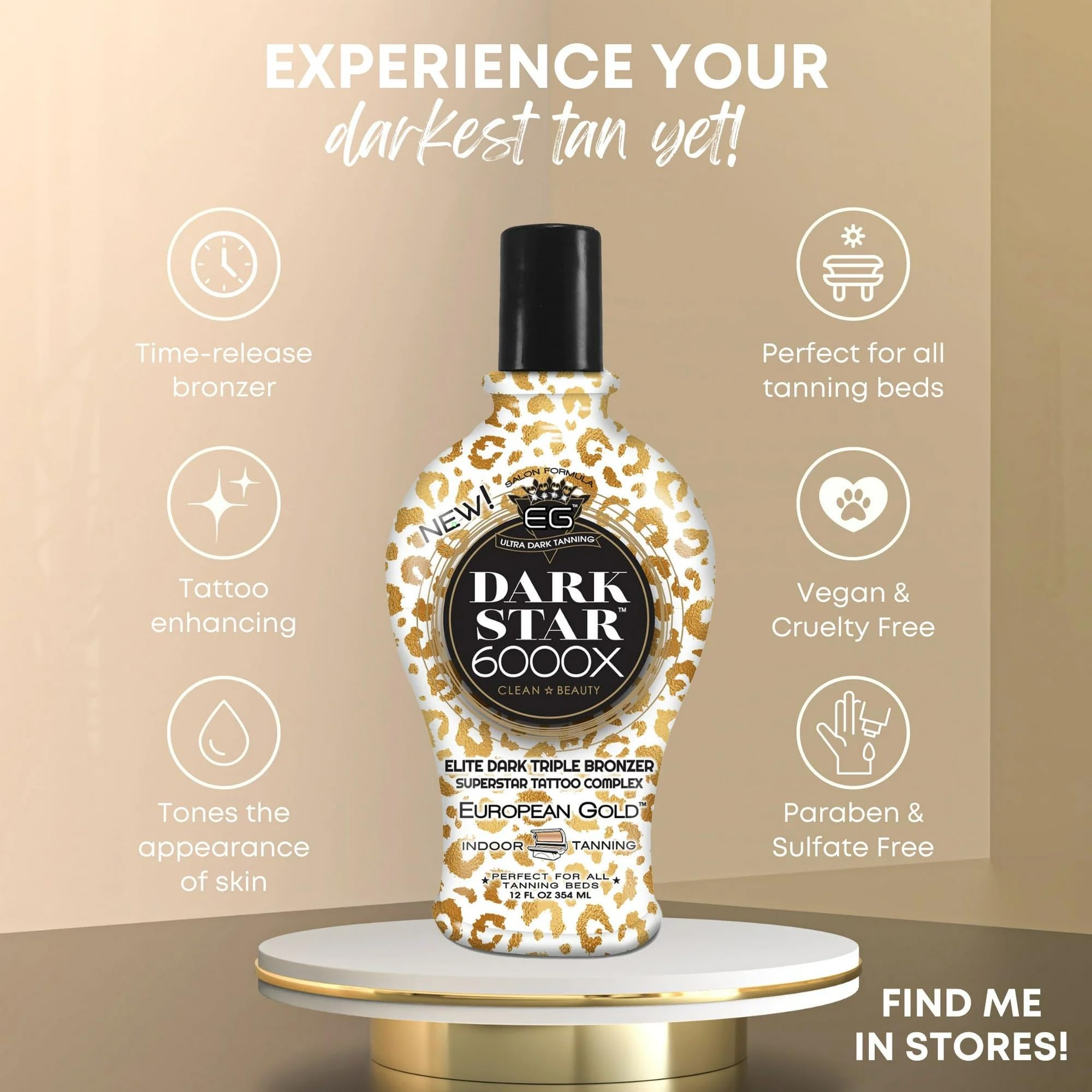 European Gold bottle beside tanning bed to show salon-use suitability