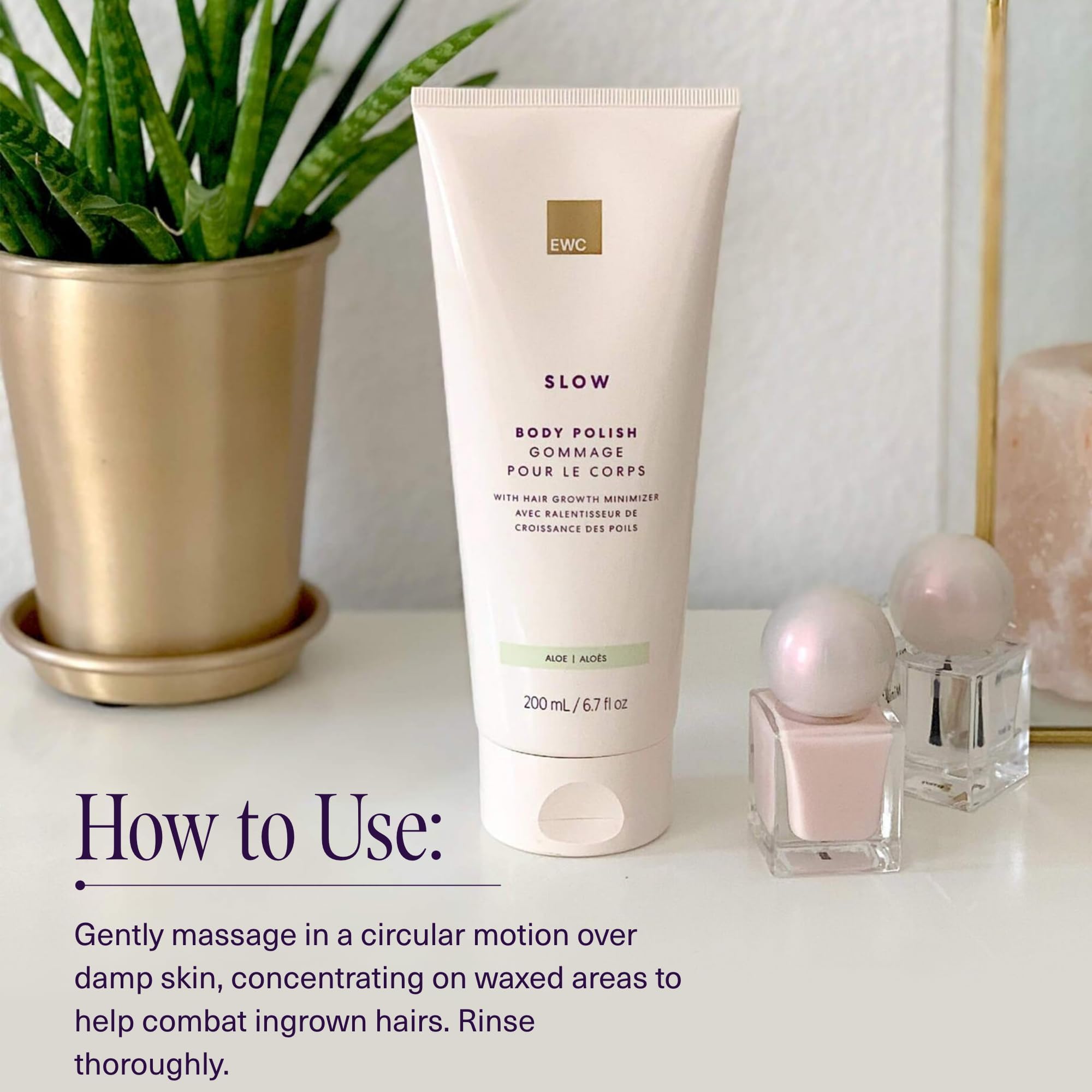 European Wax Center polish in use on leg reducing bumps and softening skin