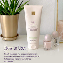 European Wax Center polish in use on leg reducing bumps and softening skin