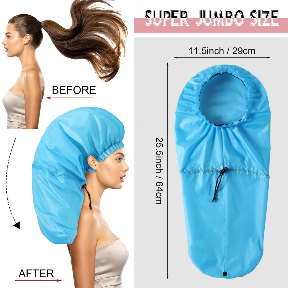 Eurzom shower cap on model with braids showing roomy coverage benefit