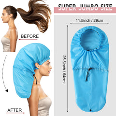Eurzom shower cap on model with braids showing roomy coverage benefit
