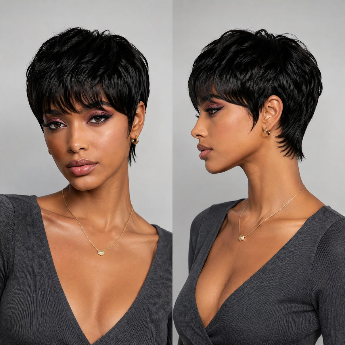 Evasens front view pixie cut showing natural hairline and realistic shape benefit: lifelike appearance