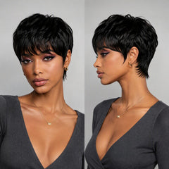 Evasens front view pixie cut showing natural hairline and realistic shape benefit: lifelike appearance