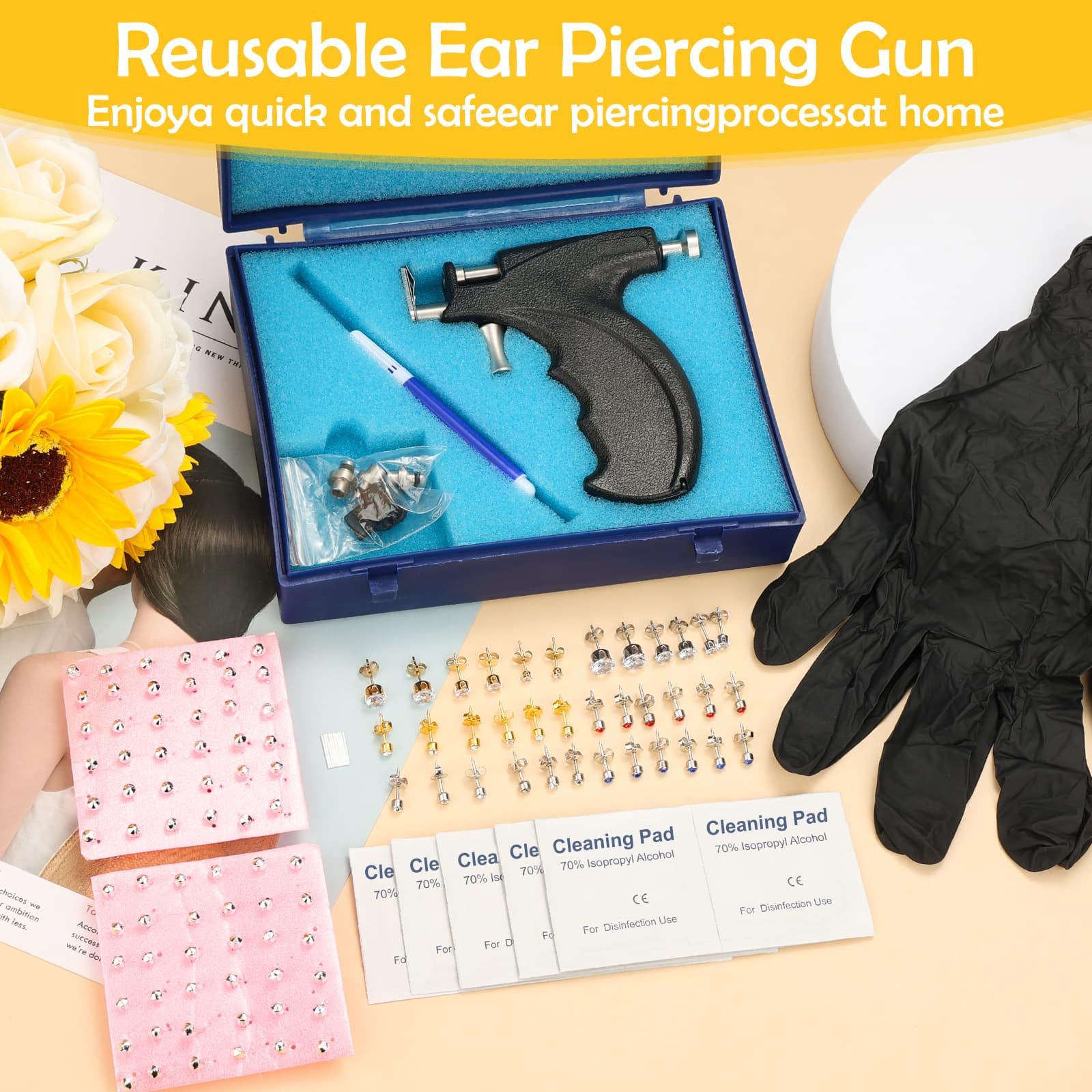 Evatage piercing gun in use on earlobe demonstrating quick and controlled puncture
