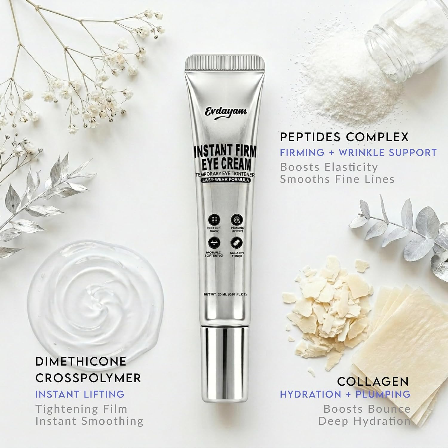 Evdayam being applied under eye showing targeted lifting and temporary smoothing
