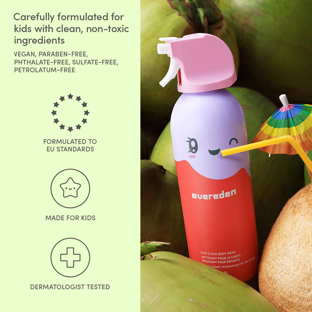 Child shaping foam in tub with Evereden bottle nearby showing fun bath engagement
