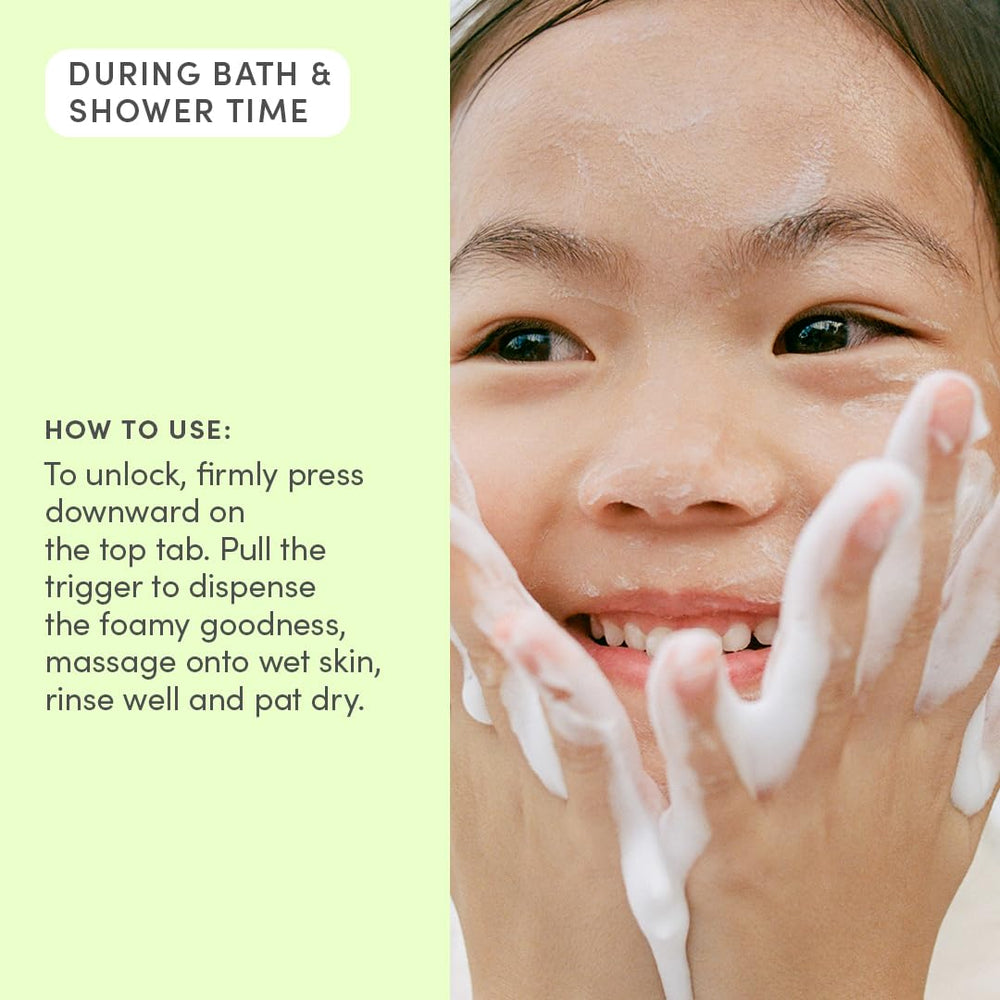 Kids in bathtub enjoying Coconut Splash foam showing calming, playful bath benefit