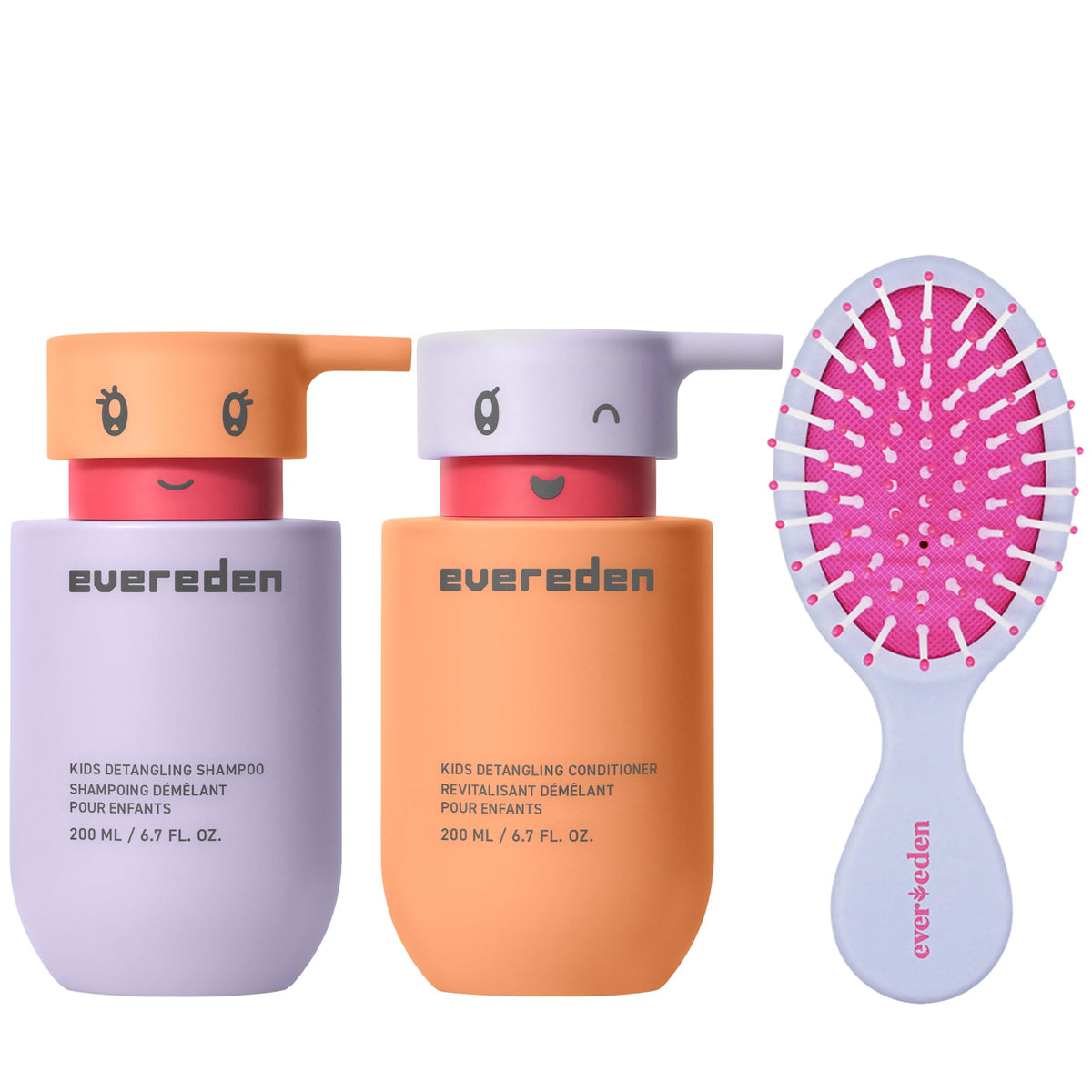 Evereden front packaging showing kids shampoo conditioner and brush, gentle routine benefit
