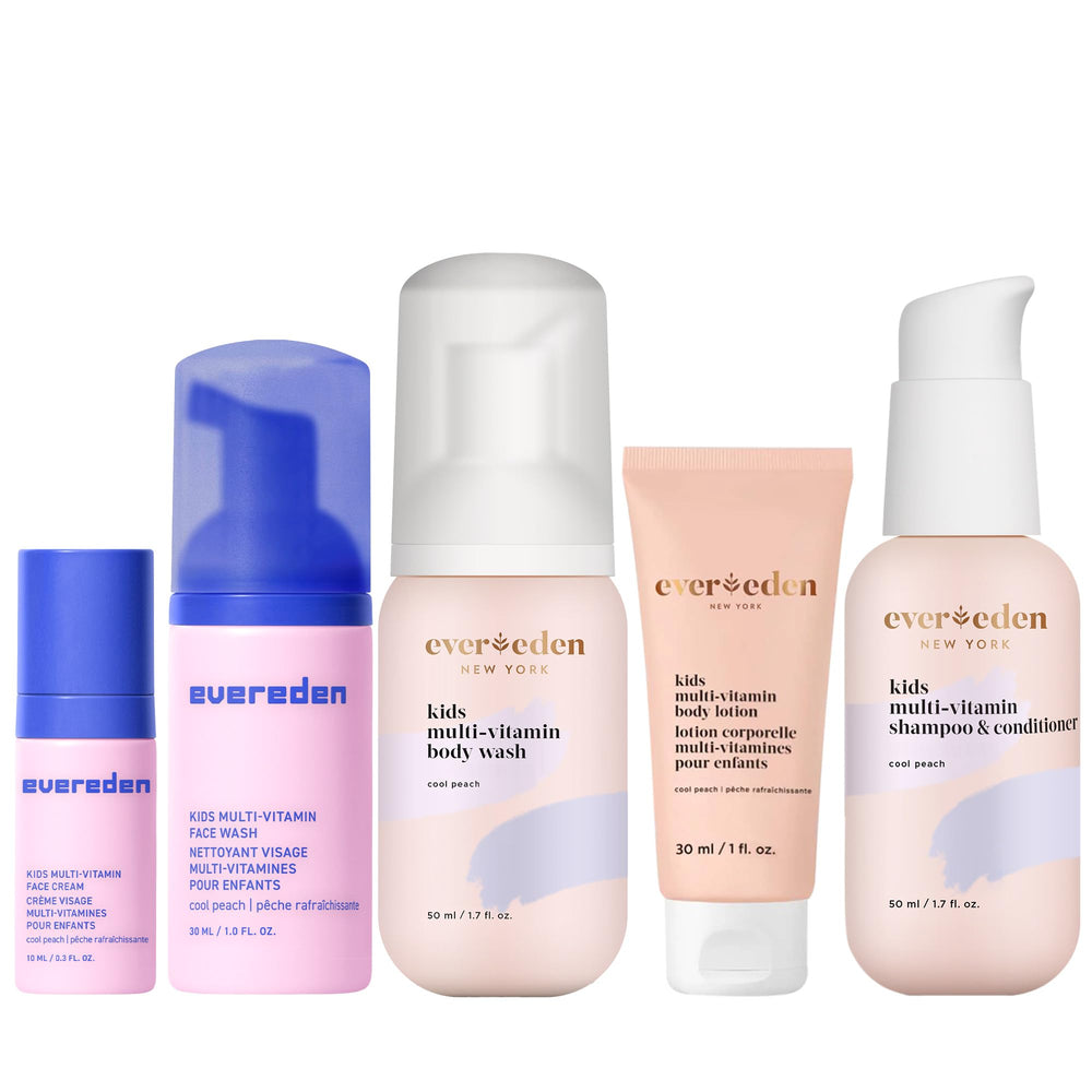Evereden front packaging travel set showing five TSA-friendly minis and convenience