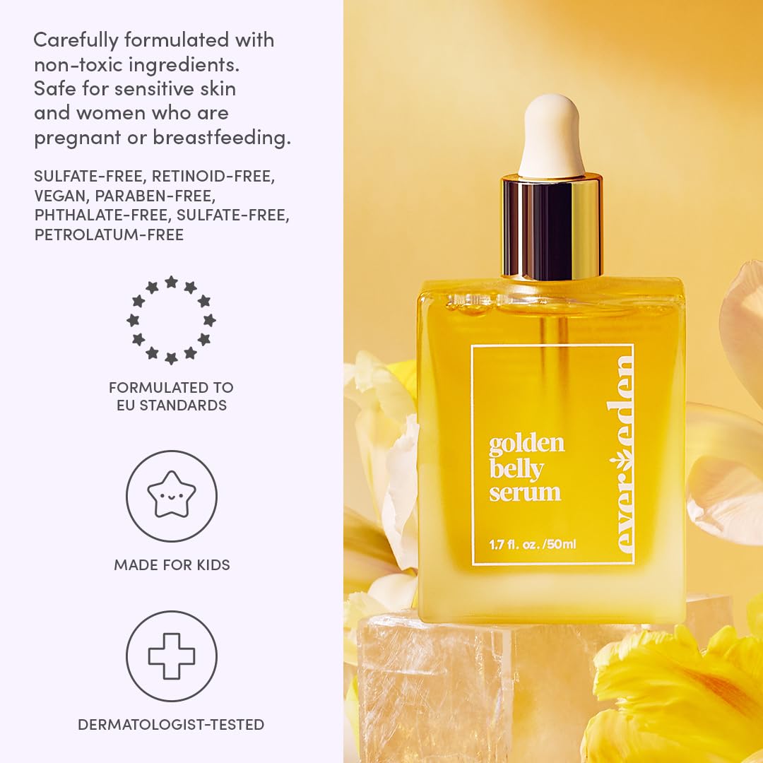 Evereden golden belly serum illustrative before and after scale emphasizing improved skin look