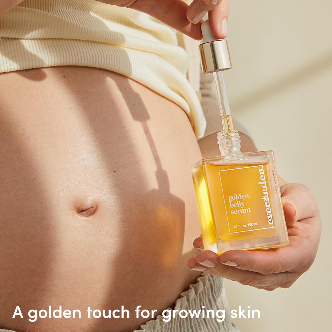 Evereden golden belly serum applied into hand showing gentle nourishment and glow