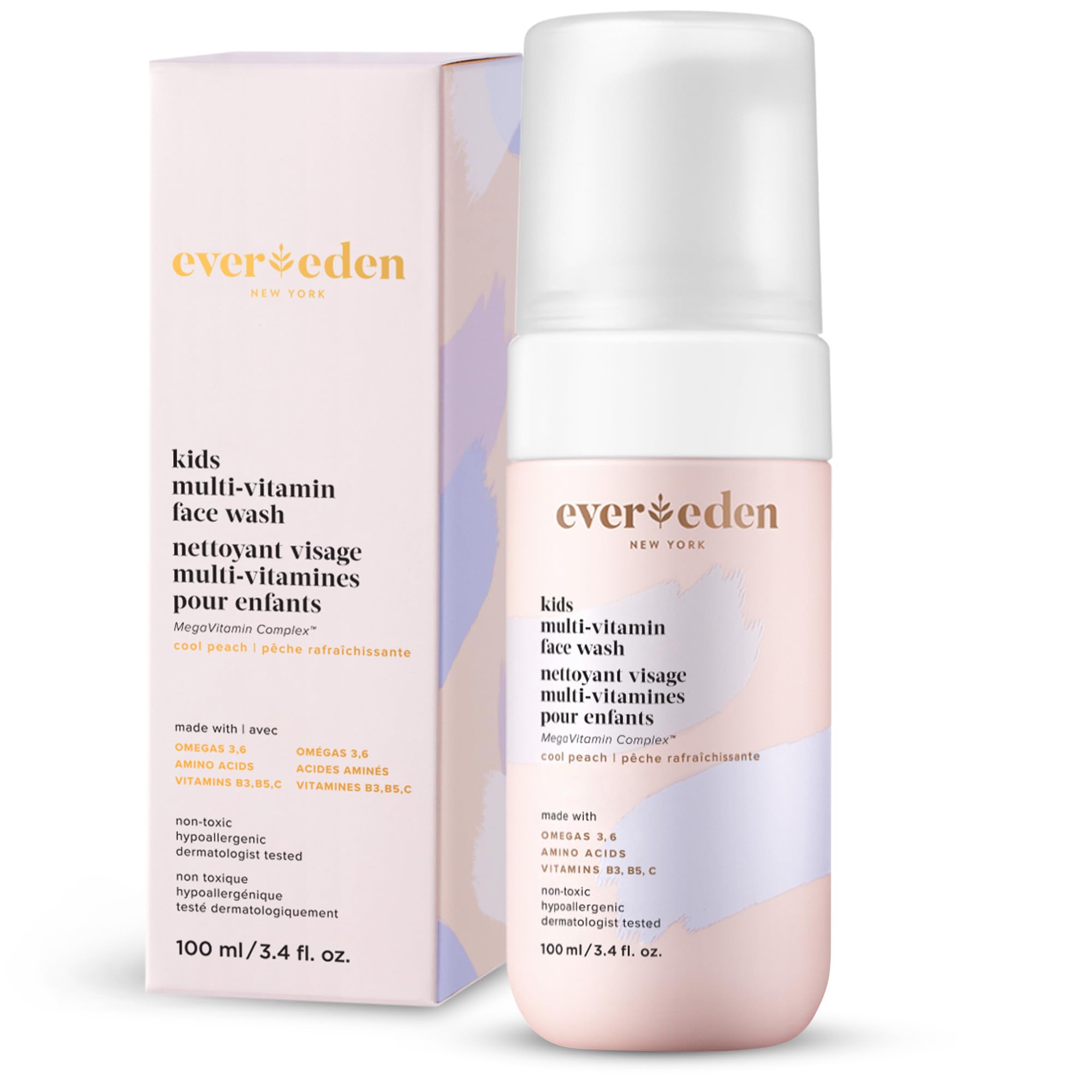 Evereden bottle front view showing peach-scented kids face wash benefit gentle cleanse