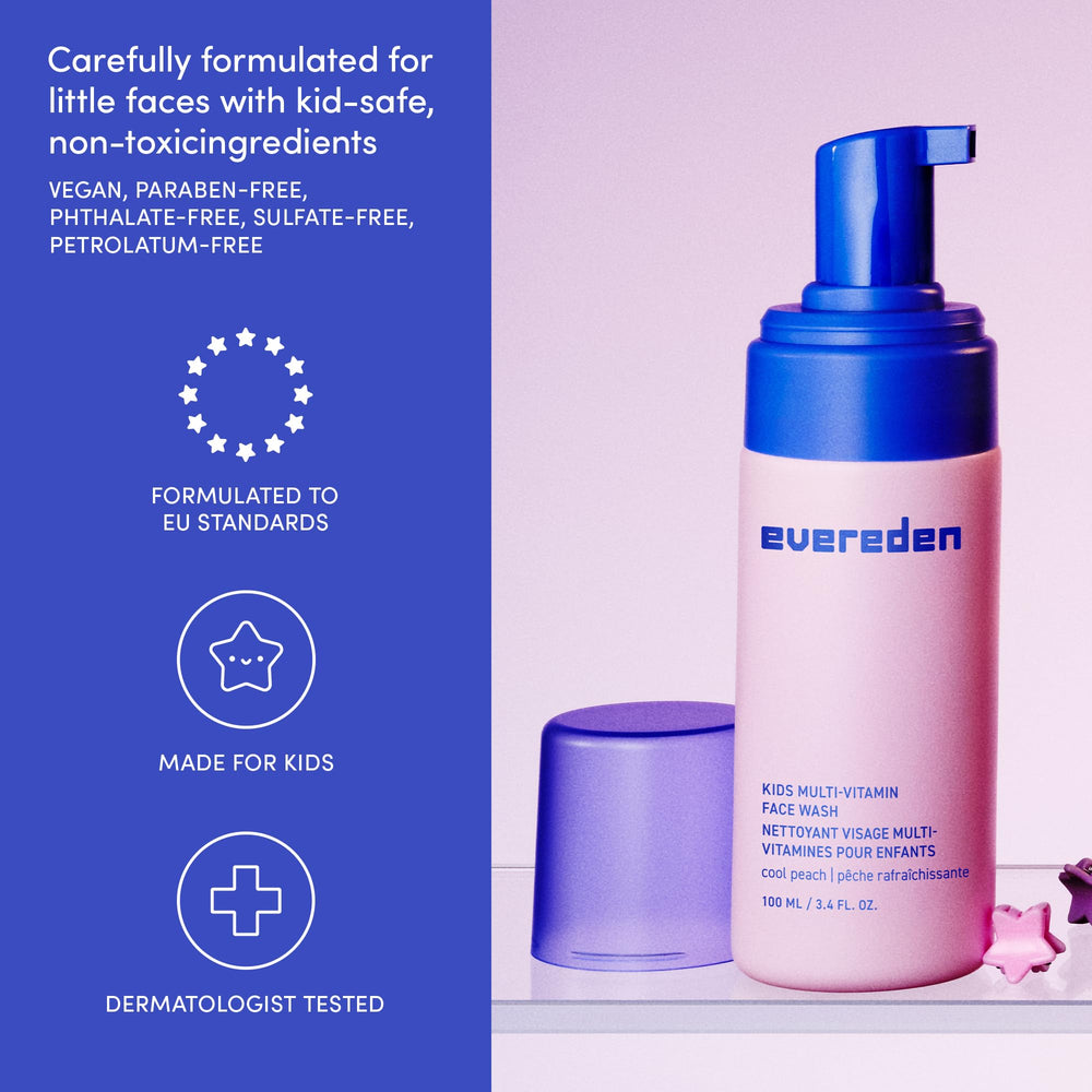 Evereden bottle beside toothbrush for scale and kid routine convenience