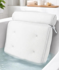 Everlasting Comfort front-facing white pillow shown on tub rim for supportive comfort