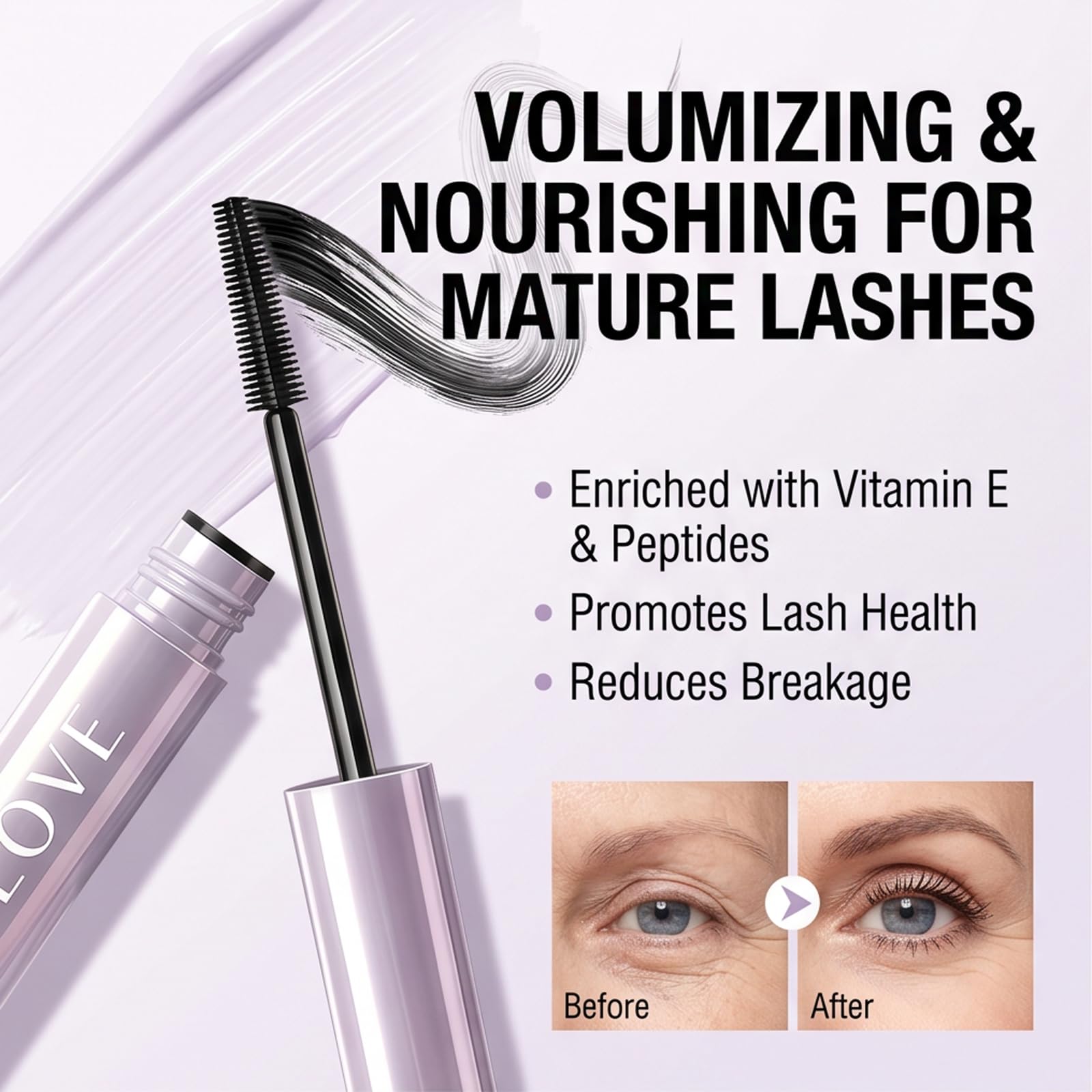 Everlove tube open with wand revealing tapered bristles for fine lashes