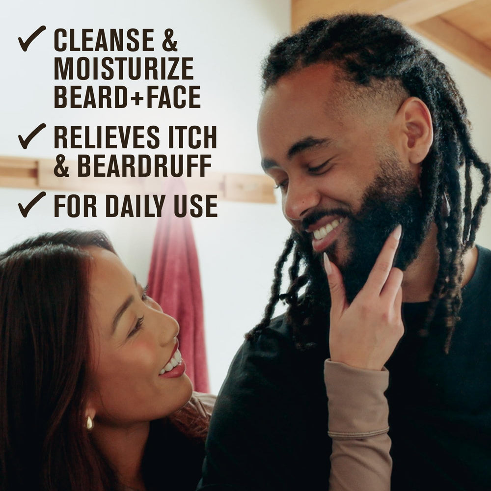 Applying Every Man Jack lotion to beard showing soothing and softening benefit