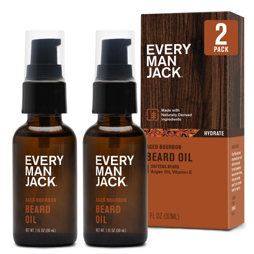 Every Man Jack front packaging showing Aged Bourbon scent and two bottles benefits grooming