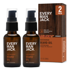 Every Man Jack front packaging showing Aged Bourbon scent and two bottles benefits grooming