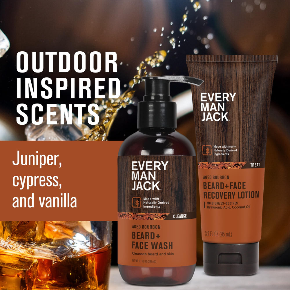 Every Man Jack lotion bottle label visible highlighting scent and grooming benefits