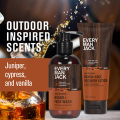 Every Man Jack lotion bottle label visible highlighting scent and grooming benefits