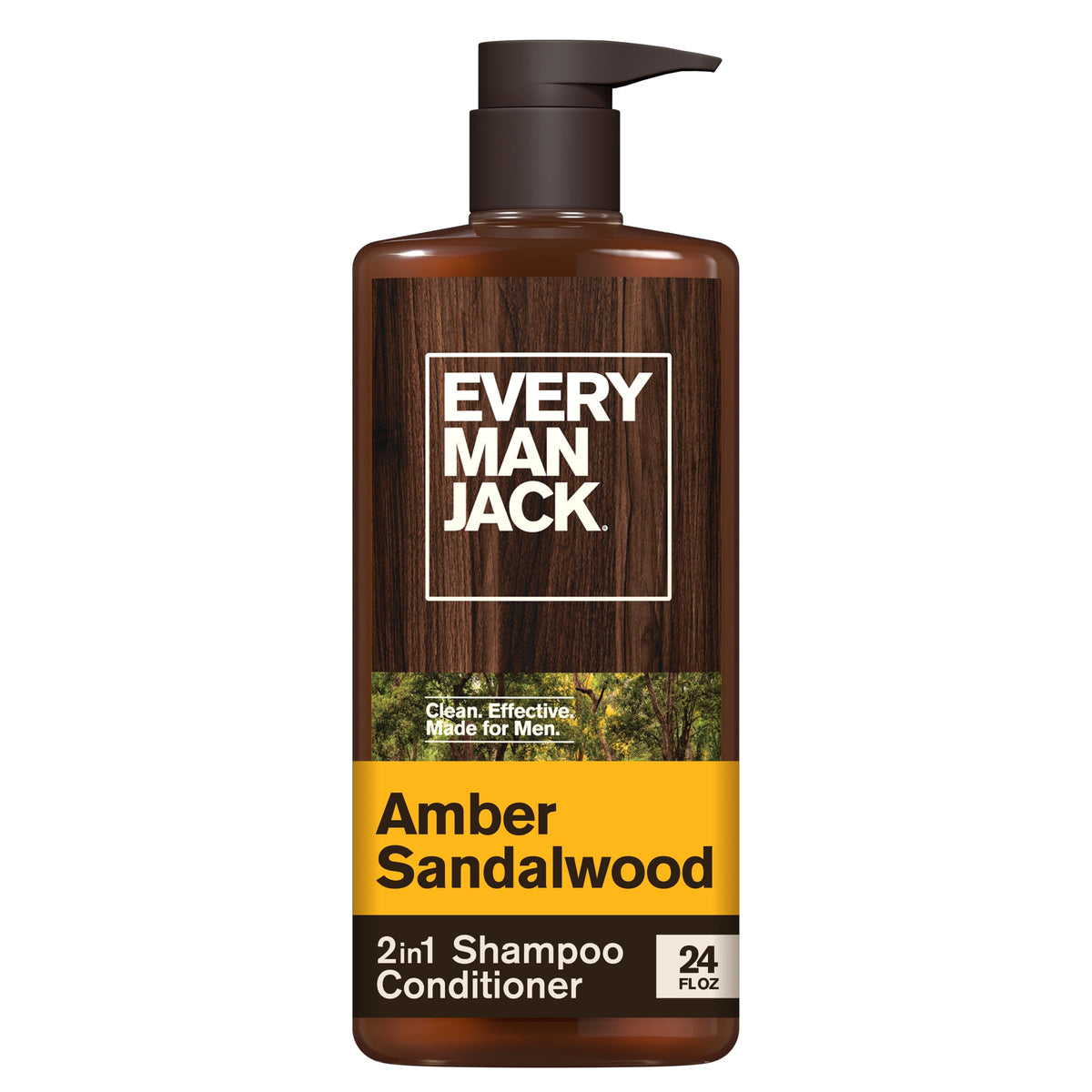 Every Man Jack front bottle view showing amber sandalwood label and size