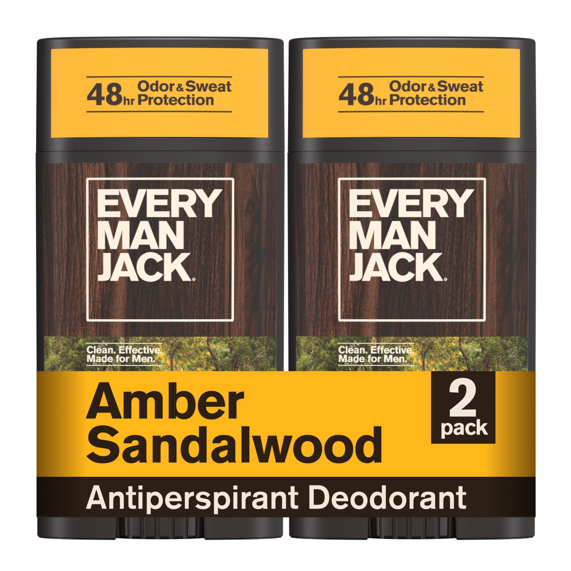 Every Man Jack front packaging showing two amber sandalwood sticks and branding benefit long-lasting protection
