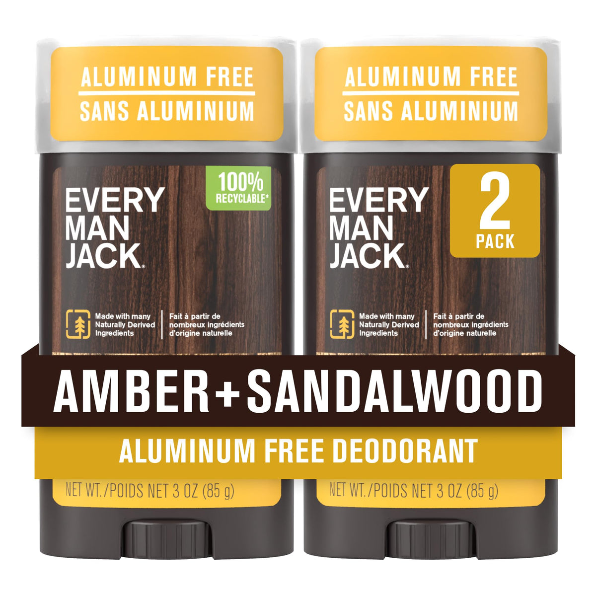 Every Man Jack front packaging showing amber sandalwood scent and recyclable design