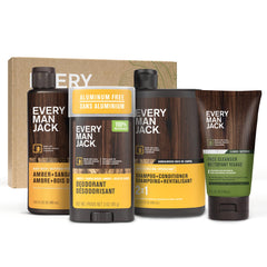 Every Man Jack front packaging showing amber sandalwood scent and complete kit benefit