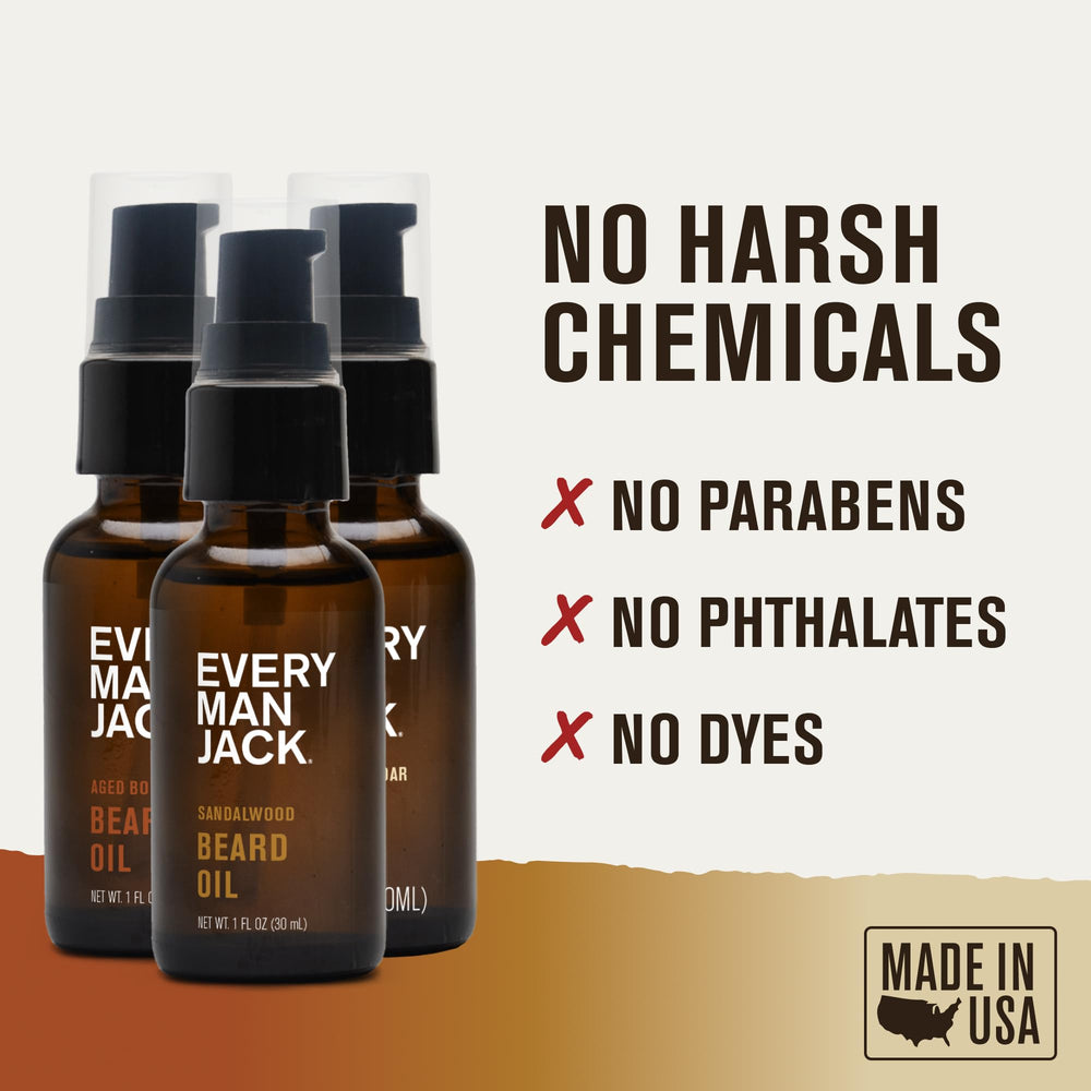 Every Man Jack application photo of hands massaging oil into beard for softer hair