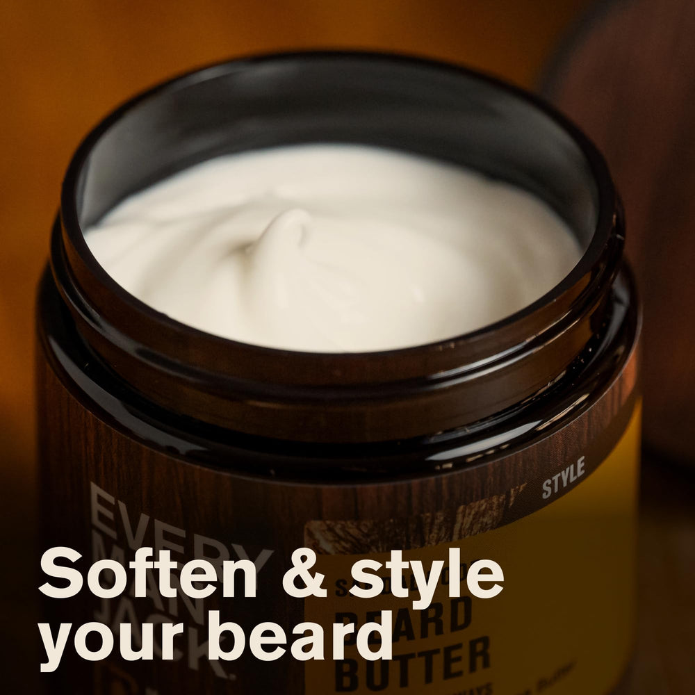 Every Man Jack open tin showing creamy beard butter texture and easy scoop benefit