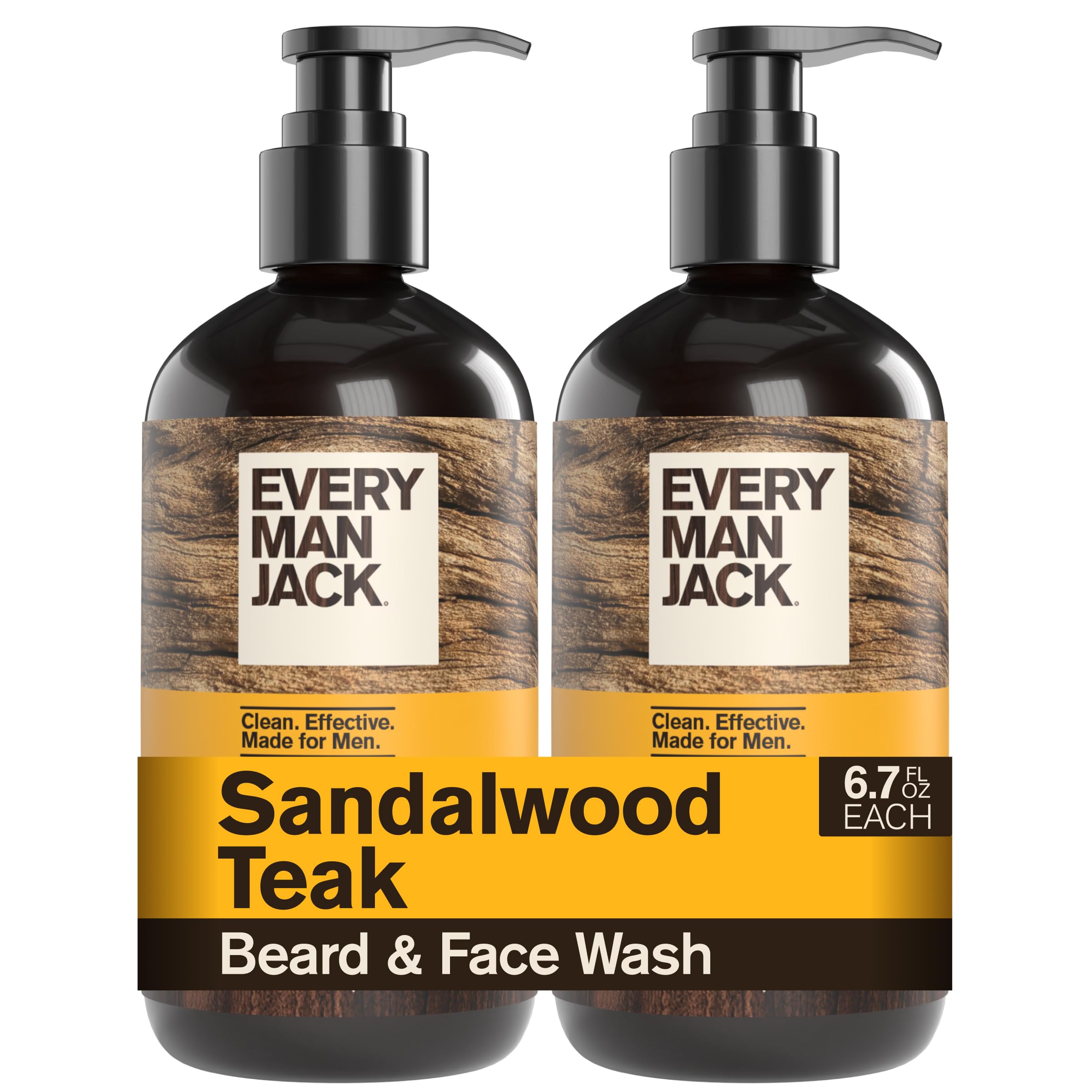 Every Man Jack front packaging showing two 6.7 oz bottles, clear branding and sandalwood scent