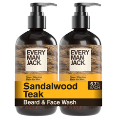 Every Man Jack front packaging showing two 6.7 oz bottles, clear branding and sandalwood scent