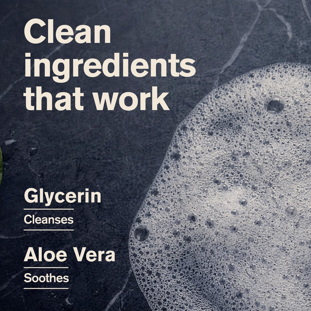 Every Man Jack ingredients close-up showing aloe and glycerin for hydrated skin