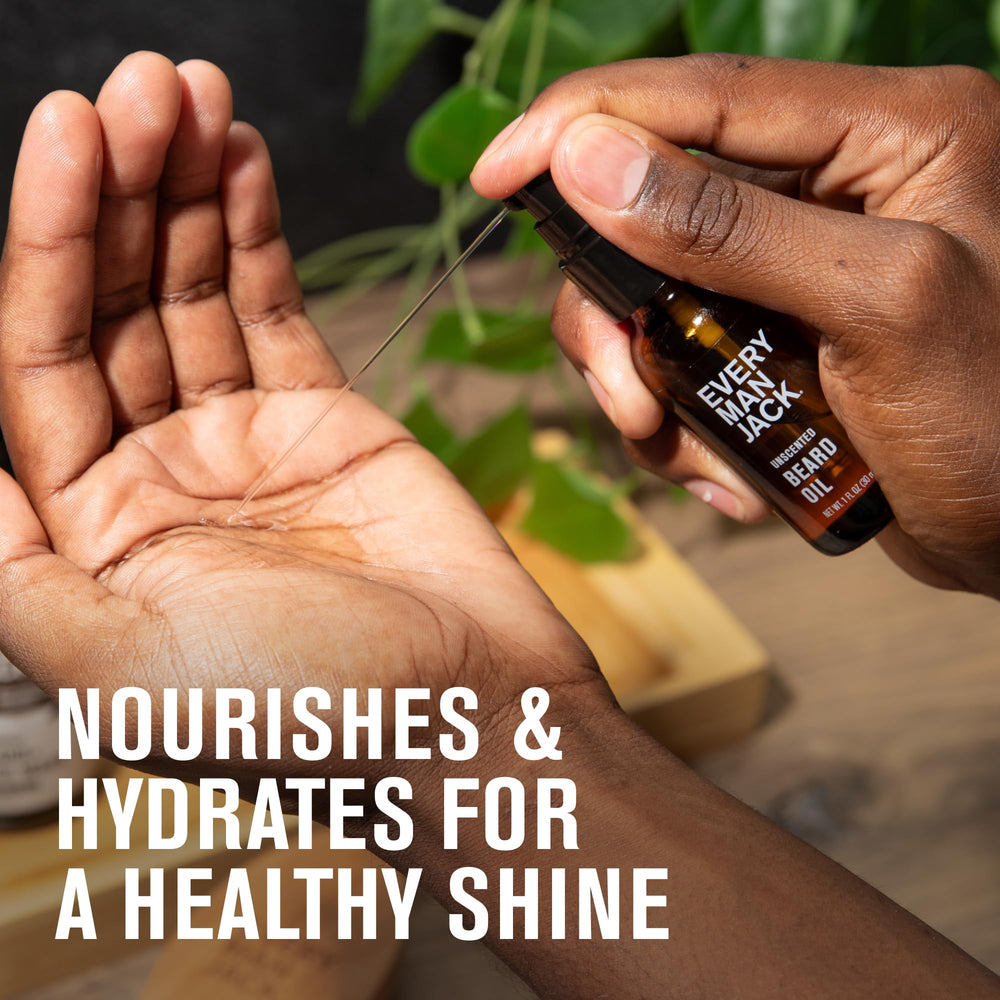 Every Man Jack oil being massaged into beard to show improved softness and reduced frizz