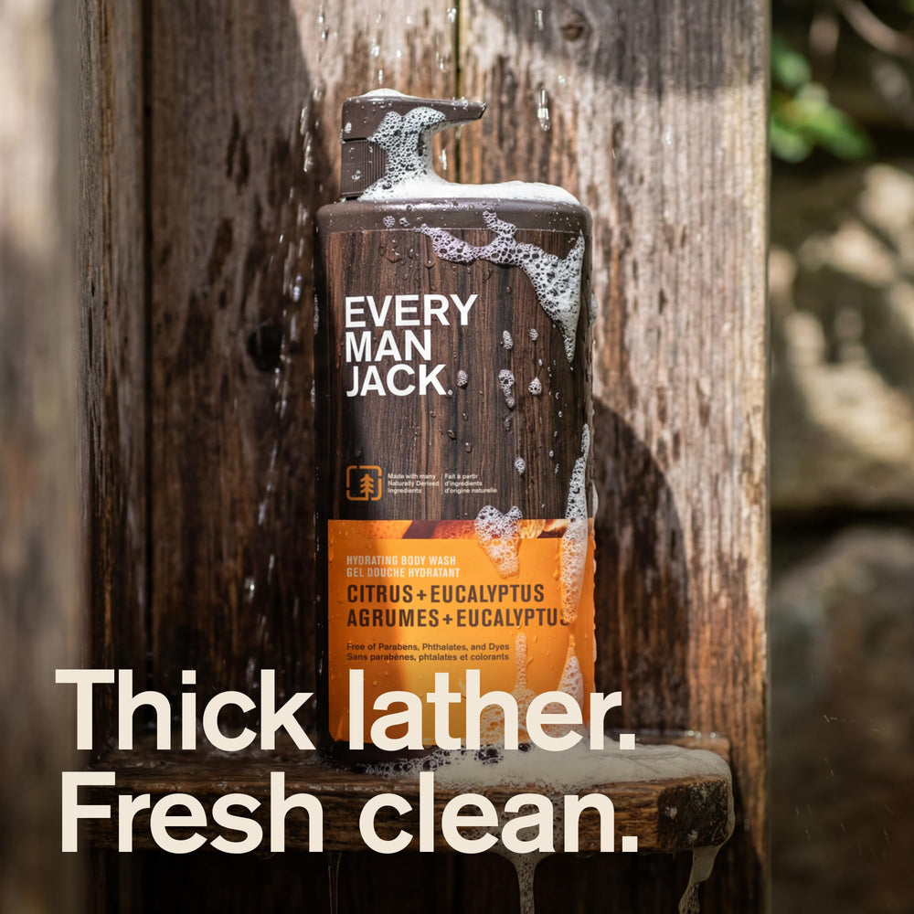 Every Man Jack close-up label highlighting ingredients and clear branding