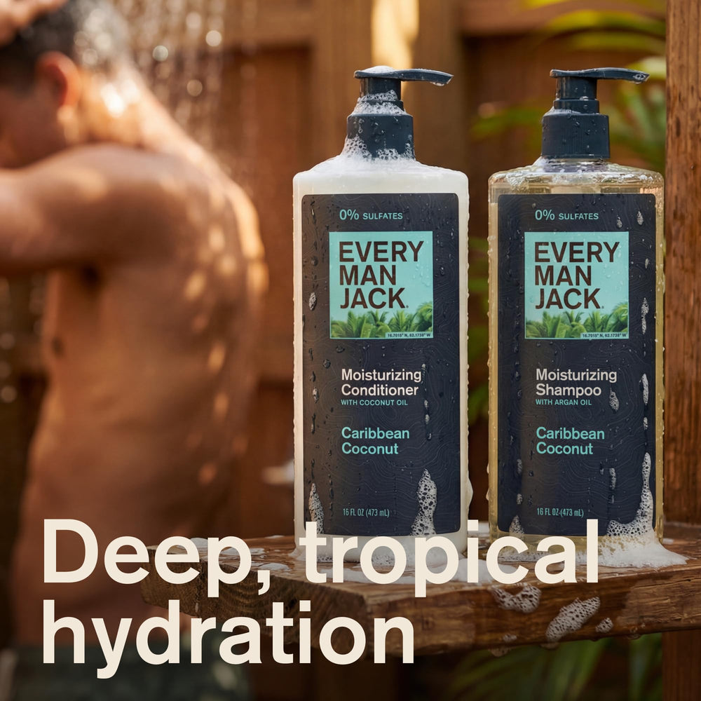 Every Man Jack bottles on shower shelf conveying convenience and daily use