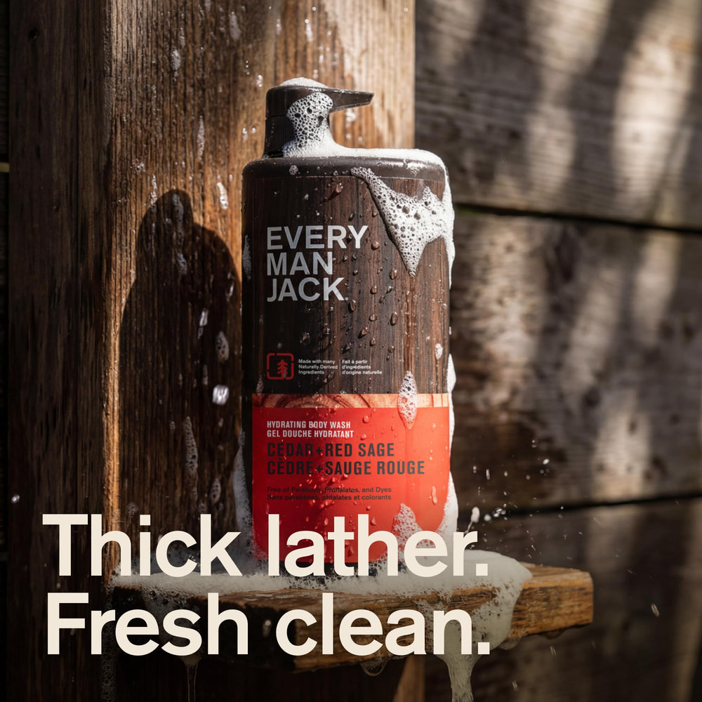 Every Man Jack back label close-up showing ingredients and clean formula benefits