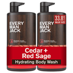 Every Man Jack bottle front view showing cedar red sage scent and benefit hydration