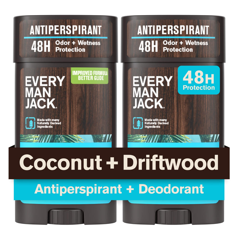 Every Man Jack front packaging showing coconut driftwood scent and two-pack benefit