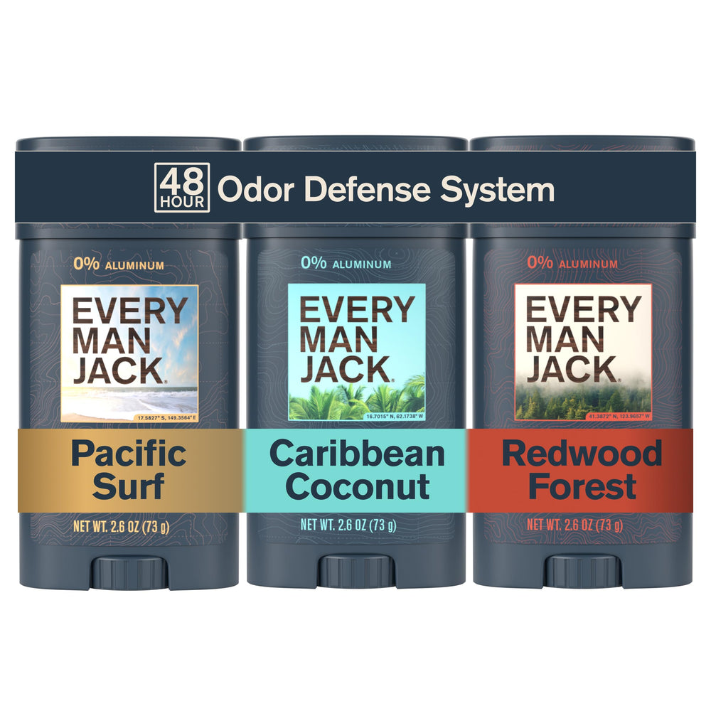 Every Man Jack front packaging three-pack showing scent variety and convenience