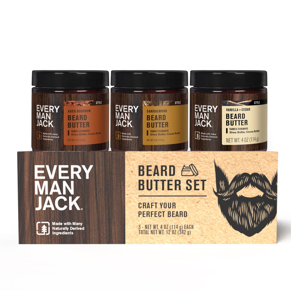 Every Man Jack front packaging showing the three-beard-butter gift set benefit: clear scent variety