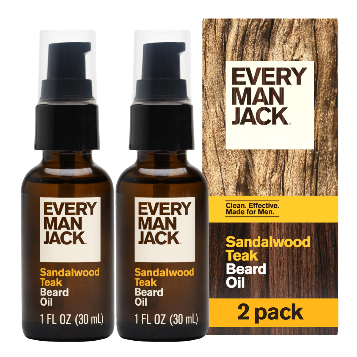 Every Man Jack front packaging showing two 1oz beard oil bottles and benefits