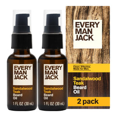 Every Man Jack front packaging showing two 1oz beard oil bottles and benefits