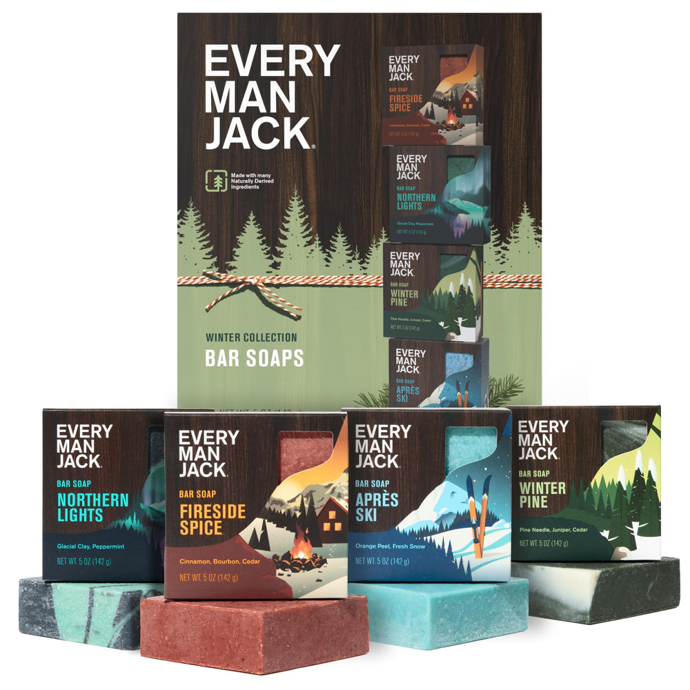 Every Man Jack front packaging showing four winter scent bars and variety benefits
