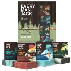 Every Man Jack front packaging showing four winter scent bars and variety benefits