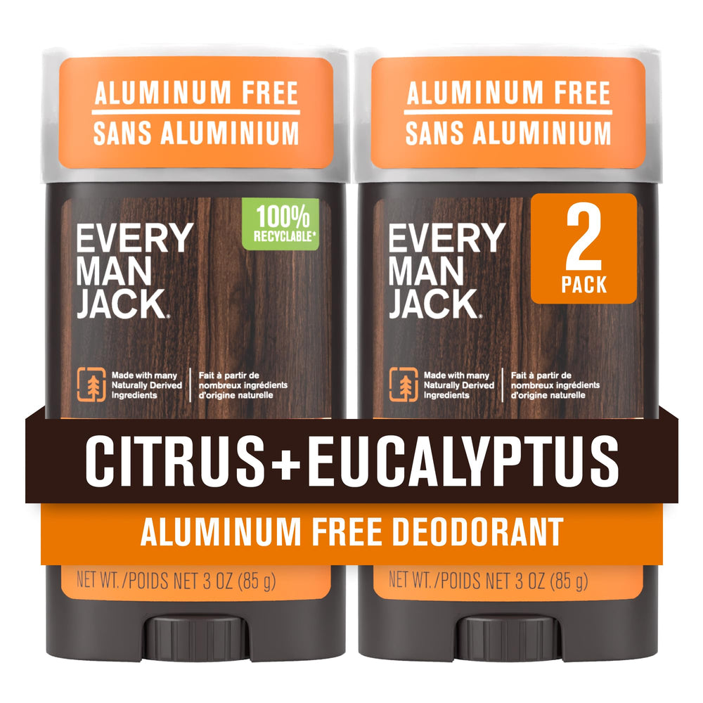 Every Man Jack front packaging showing two citrus eucalyptus sticks and brand clarity benefit