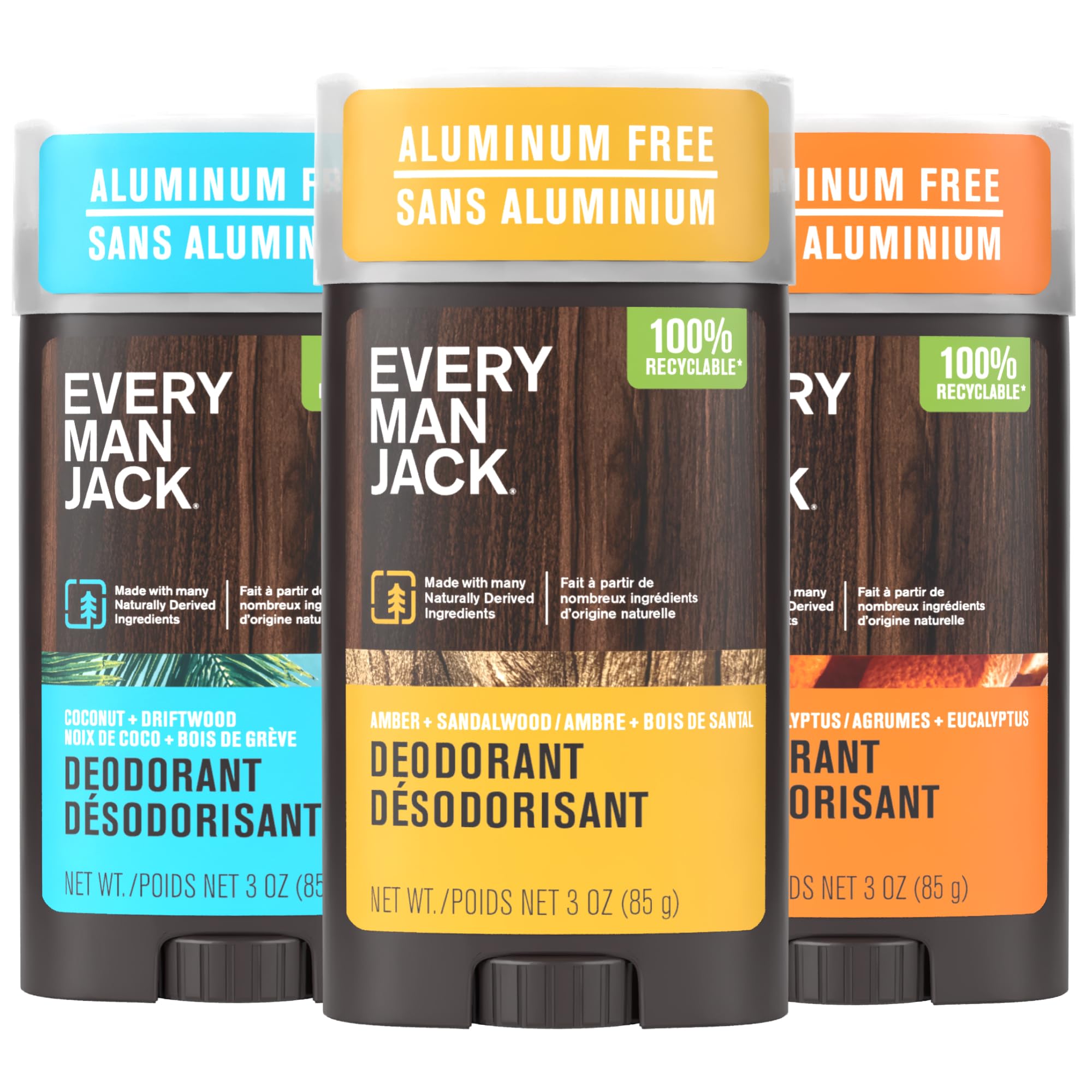 Every Man Jack front packaging showing three scent sticks and brand clarity benefit